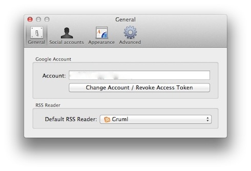 設定画面にGoogleReaderのアカウントを入力し、DefaultRSSReaderにGrumlを選びましょう。 設定画面にGoogleReaderのアカウントを入力し、DefaultRSSReaderにGrumlを選びましょう。