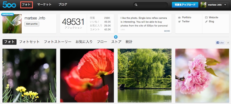 500pxホーム画面で「フォト」をクリック