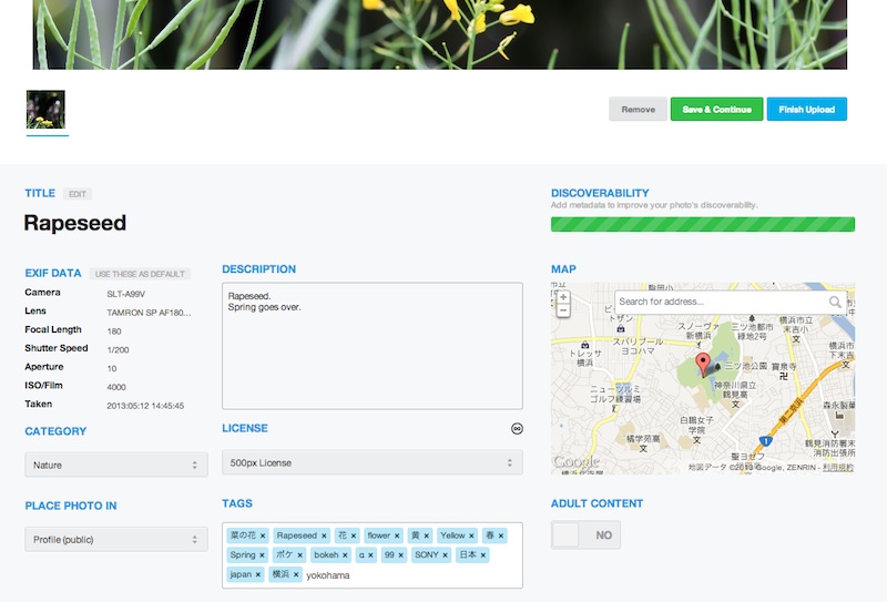 500pxアップロード画面項目入力後