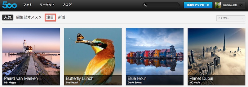 500px「注目」をクリック