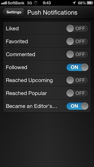 500pxiPhoneアプリfollowweが増えた時だけ通知に設定