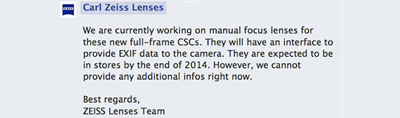 (SR4) Zeiss working on five manual focusing FE lenses (launch Photokina 2014)