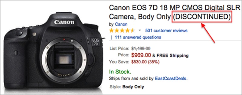 Canon EOS 7D DSLR camera listed as discontinued at Amazon